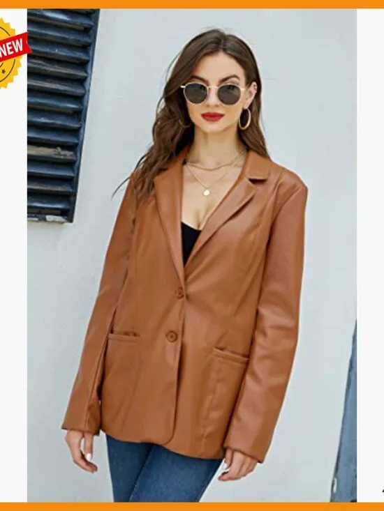 Faux Leather Blazer Jacket Lapel Button Down Coat Women's Regular Fit - Picture 3 of 7